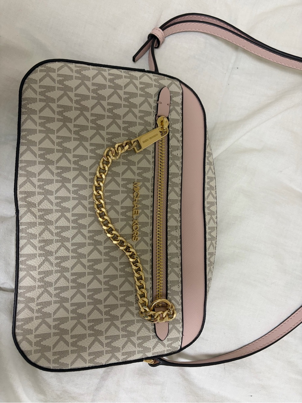 Michael Kors Beige Logo Crossbody with Pink Trim and Gold Chain